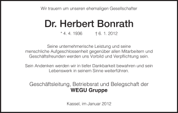 Traueranzeige von Herbert Bonrath von HERSFELDER ZEITUNG