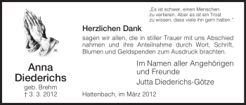 Traueranzeige von Anna Diederichs von HERSFELDER ZEITUNG