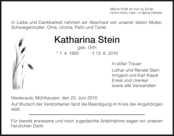 Traueranzeige von Katharina Stein von HERSFELDER ZEITUNG