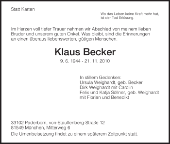 Traueranzeige von Klaus Becker von HERSFELDER ZEITUNG