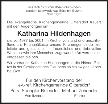 Traueranzeige von Katharina Hildenhagen von HERSFELDER ZEITUNG