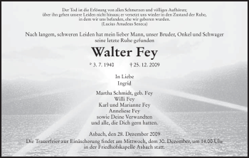 Traueranzeige von Walter Fey von HERSFELDER ZEITUNG