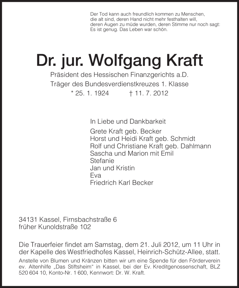  Traueranzeige für Wolfgang Kraft vom 14.07.2012 aus HERSFELDER ZEITUNG