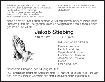 Traueranzeige von Jakob Stiebing von HERSFELDER ZEITUNG