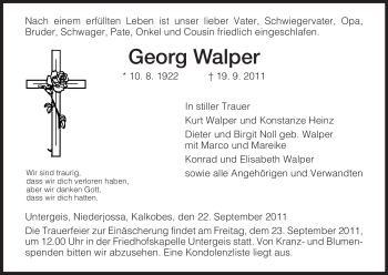 Traueranzeige von Georg Walper von HERSFELDER ZEITUNG