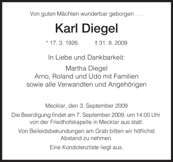 Traueranzeige von Karl Diegel von HERSFELDER ZEITUNG