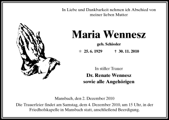 Traueranzeige von Maria Wennesz von HERSFELDER ZEITUNG