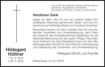 Traueranzeige von Hildegard Hüttner von HERSFELDER ZEITUNG