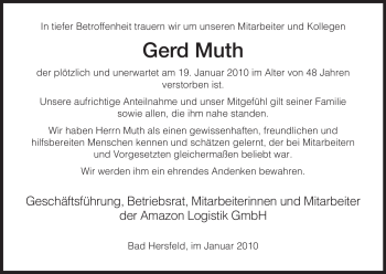 Traueranzeige von Gerd Muth von HERSFELDER ZEITUNG