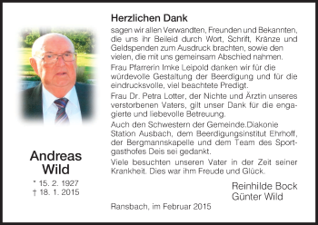 Traueranzeige von Andreas Wild von Hersfeld