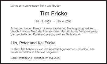 Traueranzeige von Tim Fricke von HERSFELDER ZEITUNG