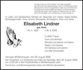 Traueranzeige von Elisabeth Lindner von HERSFELDER ZEITUNG