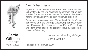 Traueranzeige von Gerda Göttlich von HERSFELDER ZEITUNG