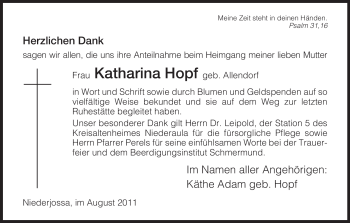 Traueranzeige von Katharina Hopf von HERSFELDER ZEITUNG