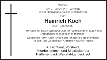 Traueranzeige von Heinrich Koch von HERSFELDER ZEITUNG