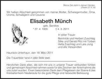 Traueranzeige von Elisabeth Münch von HERSFELDER ZEITUNG