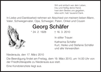 Traueranzeige von Georg Schäfer von HERSFELDER ZEITUNG