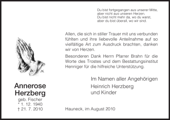 Traueranzeige von Annerose Herzberg von HERSFELDER ZEITUNG