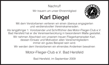 Traueranzeige von Karl Diegel von HERSFELDER ZEITUNG