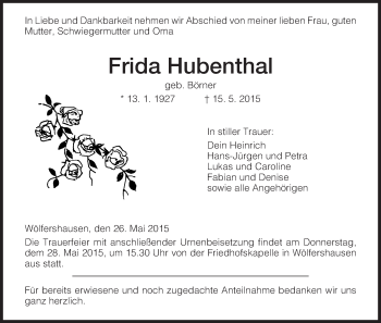 Traueranzeige von Frida Hubenthal von Hersfeld