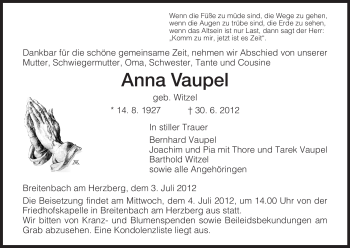 Traueranzeige von Anna Vaupel von HERSFELDER ZEITUNG