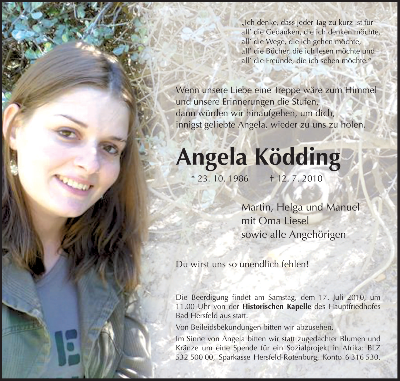  Traueranzeige für Angela Ködding vom 15.07.2010 aus HERSFELDER ZEITUNG