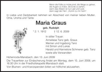 Traueranzeige von Maria Graus von HERSFELDER ZEITUNG