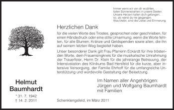 Traueranzeige von Helmut Baumhardt von HERSFELDER ZEITUNG
