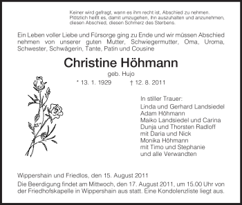 Traueranzeige von Christine Höhmann von HERSFELDER ZEITUNG