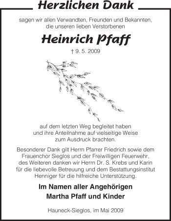 Traueranzeige von Heinrich Pfaff von HERSFELDER ZEITUNG