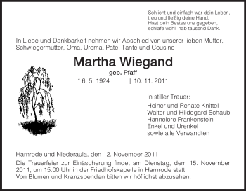 Traueranzeige von Martha Wiegand von HERSFELDER ZEITUNG