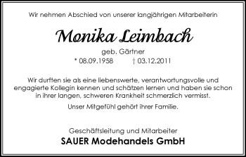 Traueranzeige von Monika Leimbach von HERSFELDER ZEITUNG