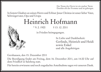 Traueranzeige von Heinrich Hofmann von HERSFELDER ZEITUNG