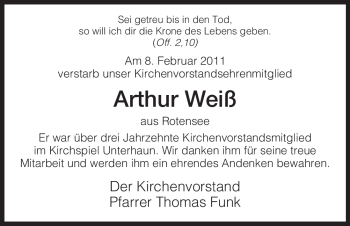 Traueranzeige von Arthur Weiß von HERSFELDER ZEITUNG