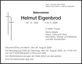 Traueranzeige von Helmut Eigenbrod von HERSFELDER ZEITUNG