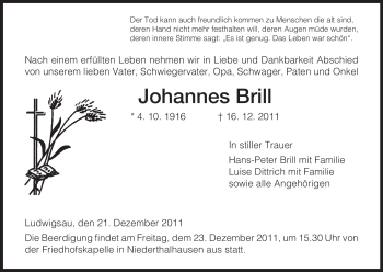Traueranzeige von Johannes Brill von HERSFELDER ZEITUNG