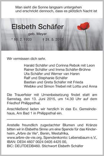 Traueranzeige von Elbeth Schäfer von Hersfeld