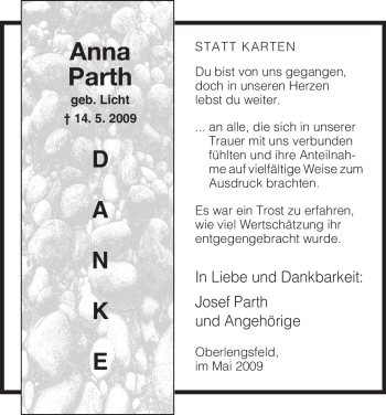 Traueranzeige von Anna Parth von HERSFELDER ZEITUNG