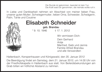 Traueranzeige von Elisabeth Schneider von HERSFELDER ZEITUNG