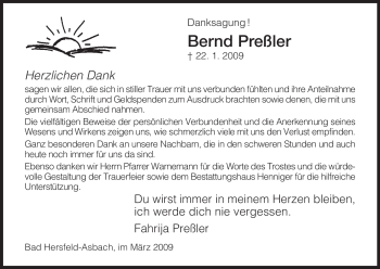 Traueranzeige von Bernd Preßler von HERSFELDER ZEITUNG