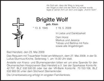 Traueranzeige von Brigitte Wolf von HERSFELDER ZEITUNG