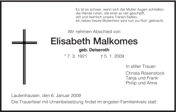 Traueranzeige von Elisabeth Malkomes von HERSFELDER ZEITUNG