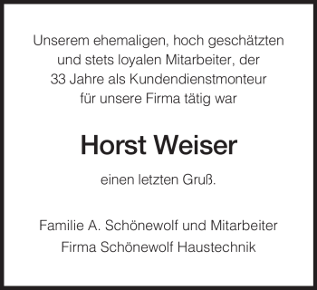 Traueranzeige von Horst Weiser von HERSFELDER ZEITUNG