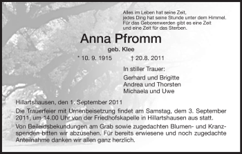 Traueranzeige von Anna Pfromm von HERSFELDER ZEITUNG