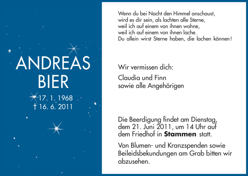  Traueranzeige für Andreas Bier vom 18.06.2011 aus HERSFELDER ZEITUNG