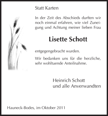 Traueranzeige von Lisette Schott von HERSFELDER ZEITUNG