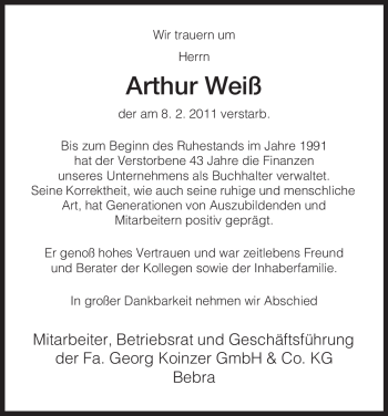 Traueranzeige von Arthur Weiß von HERSFELDER ZEITUNG