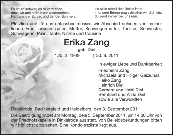 Traueranzeige von Erika Zang von HERSFELDER ZEITUNG