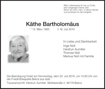 Traueranzeige von Käthe Bartholomäus von HERSFELDER ZEITUNG