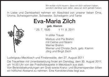 Traueranzeige von Eva-Maria Zilch von HERSFELDER ZEITUNG